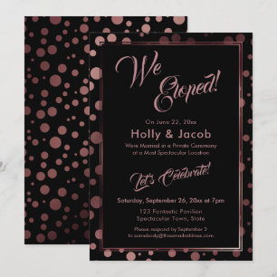 We Eloped! Rose Gold Confetti Bubbles Over Black Invitation