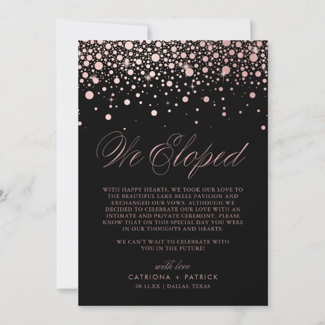 We Eloped Rose Gold Foil Confetti Black Wedding Announcement (Front)