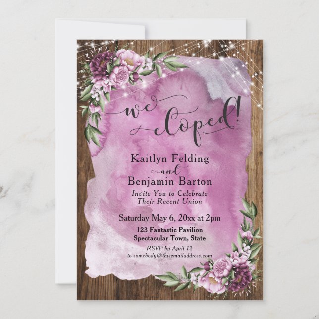 We Eloped! Rustic Watercolor Floral & Lights Invitation (Front)