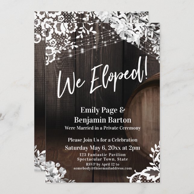 We Eloped! Rustic Wood Barrel Lights Flowers Invitation (Front/Back)