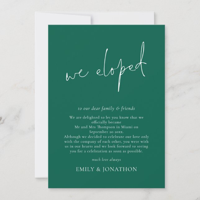 We Eloped Script Emerald Elopement Announcement (Front)