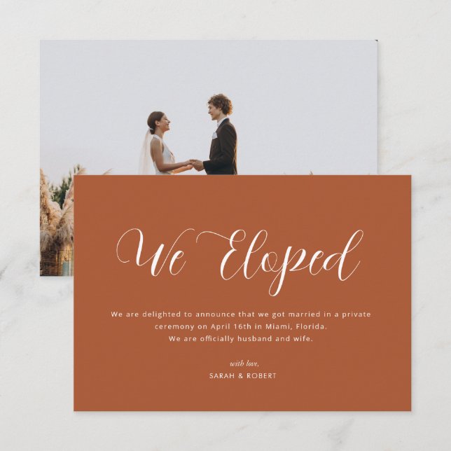 we eloped script terracotta wedding announcement (Front/Back)