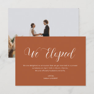 we eloped script terracotta wedding announcement