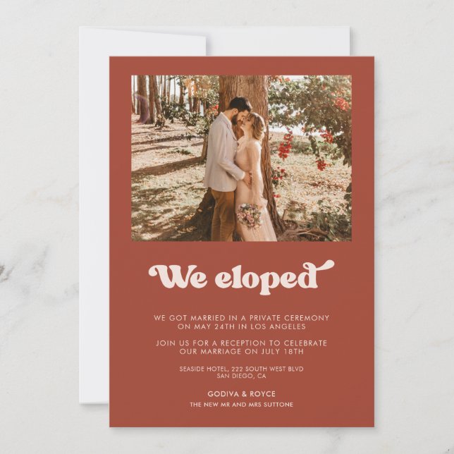 We eloped Stylish retro Terracotta announcement (Front)
