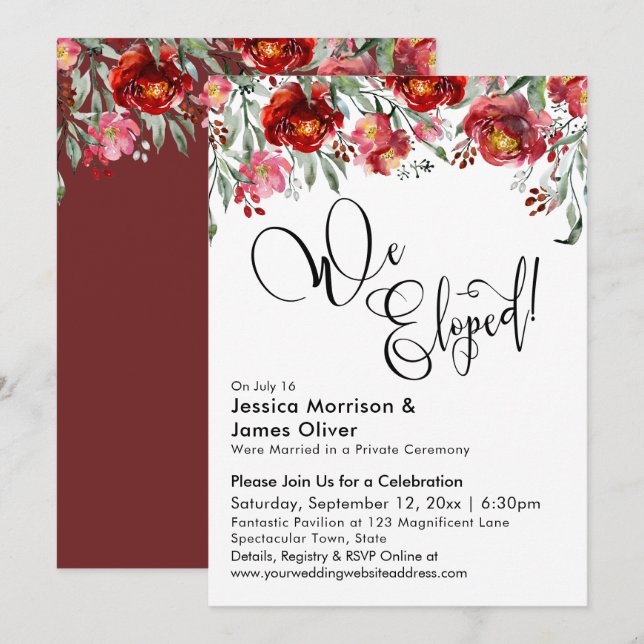 We Eloped Typography Burgundy Red Flowers Invitation (Front/Back)