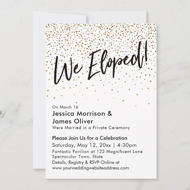 We Eloped! Typography & Faux Gold Glitter Confetti Invitation (Front)