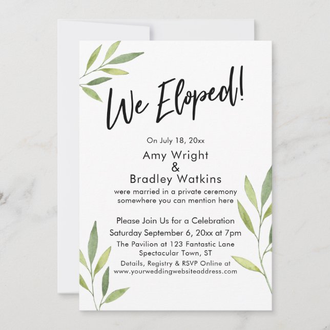 We Eloped Typography & Green Watercolor Foliage Invitation (Front)