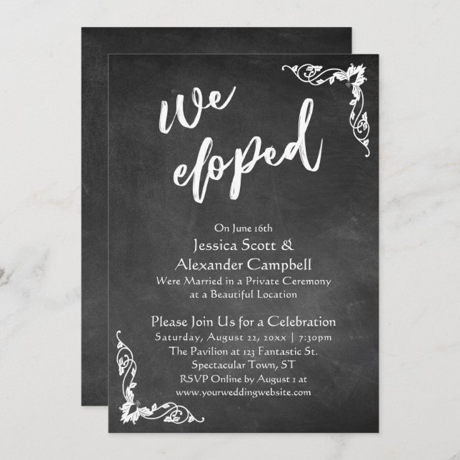We Eloped Typography on Embellished Chalkboard Invitation (Front/Back)