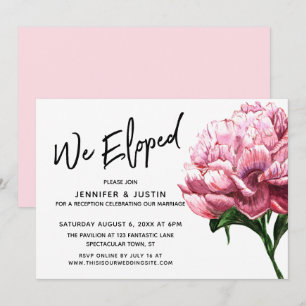 We Eloped Typography, Pink Watercolor Peony Flower Invitation