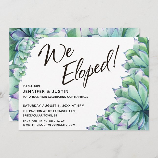 We Eloped Typography w/ Watercolor Succulents Invitation (Front/Back)