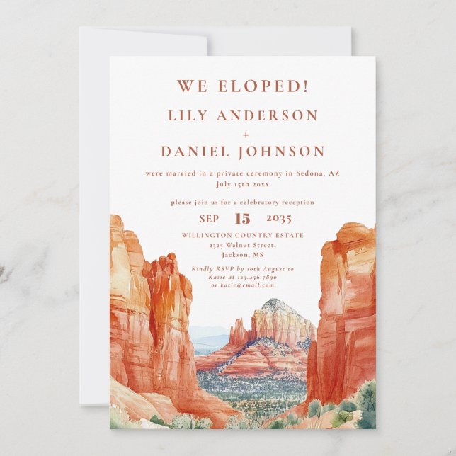 We Eloped Watercolor Desert Red Rock Elopement Invitation (Front)