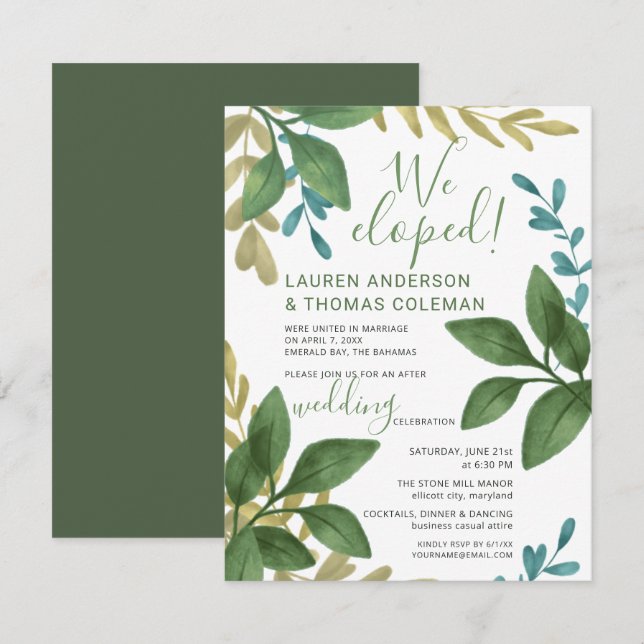 We Eloped Watercolor Leaves Wedding Reception Only Invitation (Front/Back)