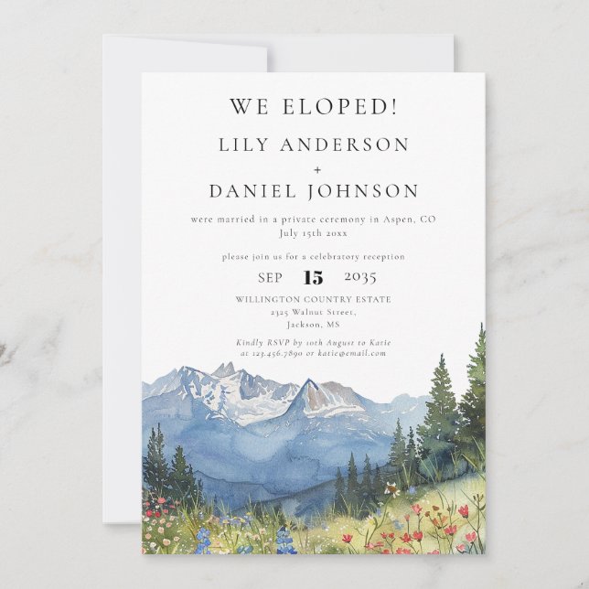 We Eloped Watercolor Mountain Elopement Wedding Invitation (Front)