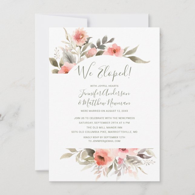 We Eloped Watercolor Wedding Blush Rose Reception Invitation (Front)