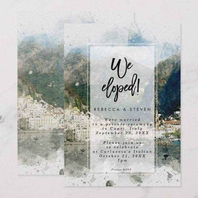 we eloped watercolour italy wedding invitation (Front/Back)