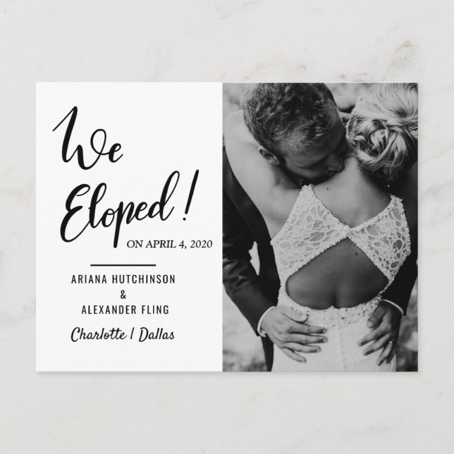 We Eloped Wedding Typography  | Couple Photo Announcement Postcard (Front)
