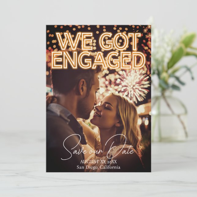 We Got Engaged Neon Lights Photo Save The Date (Standing Front)