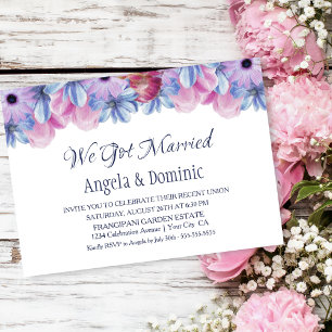 We Got Married Blue Pink Floral Wedding Reception Invitation