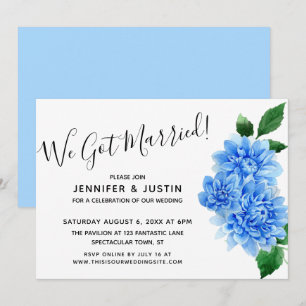 We Got Married! Blue Watercolor Dahlia Flowers Invitation