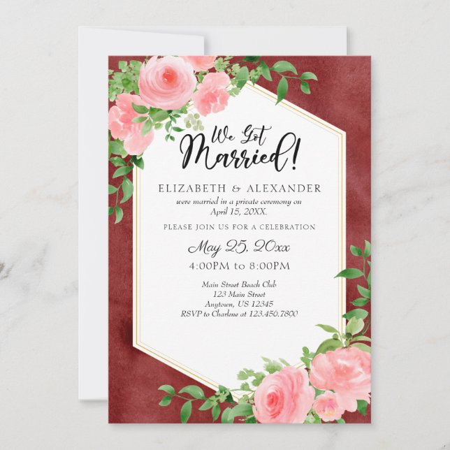 We Got Married Burgundy Floral Wedding Elopement Invitation (Front)