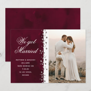 We Got Married Burgundy Silver Heart Photo Invitation