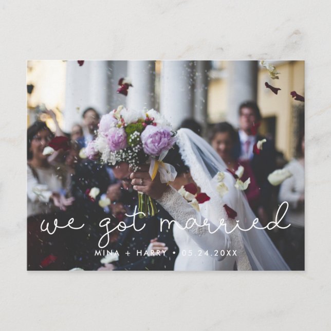 We got married Cute script wedding photo Postcard (Front)