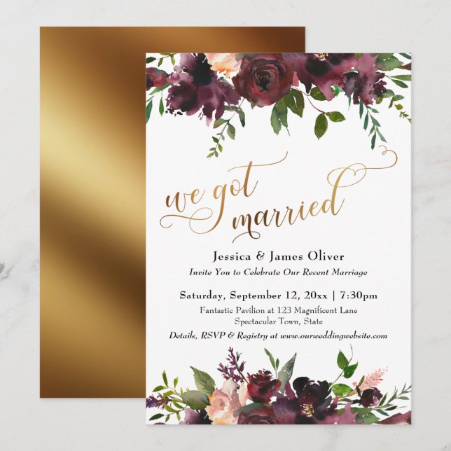 We Got Married Deep Red Burgundy Floral & Gold Invitation (Front/Back)
