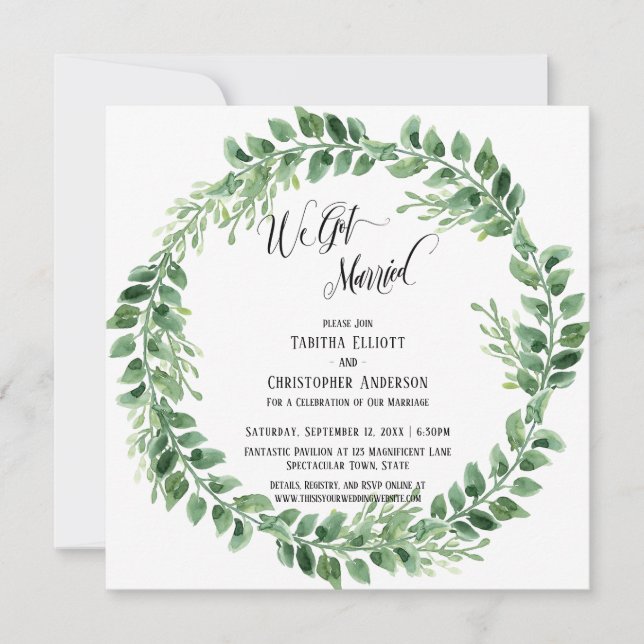 We Got Married Elaborate Script Green Wreath Invitation (Front)