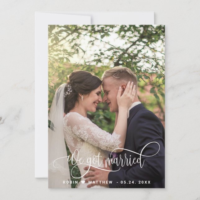 We Got Married, Elegant  Script Photo Wedding Announcement (Front)