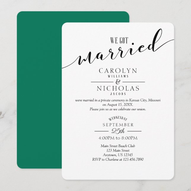 We Got Married Emerald Green White Wedding Party Invitation (Front/Back)
