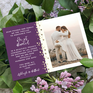 We Got Married Glitter Heart Photo Eggplant Gold Invitation