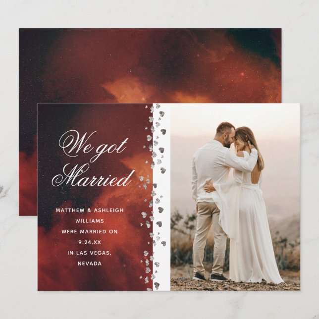 We Got Married Glitter Heart Photo Elopement Space Invitation (Front/Back)