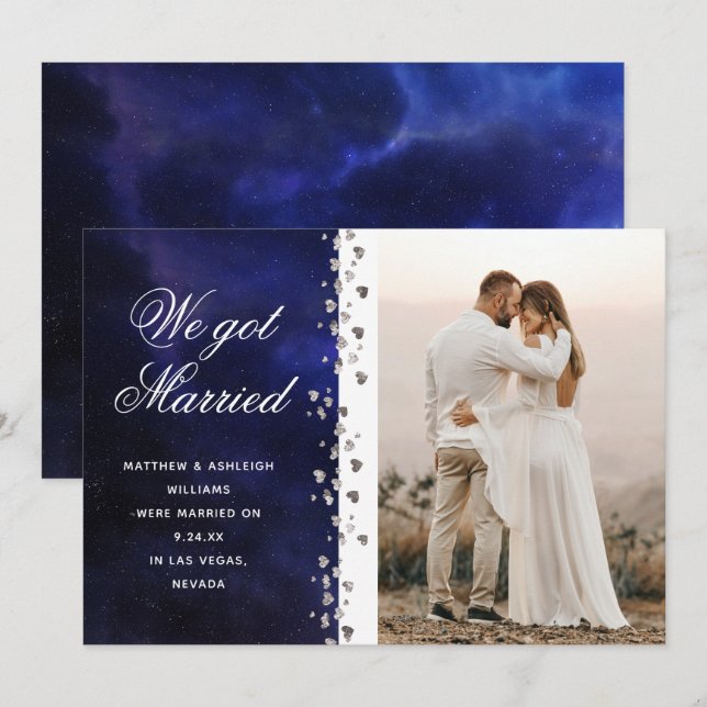 We Got Married Glitter Heart Photo Elopement Space Invitation (Front/Back)