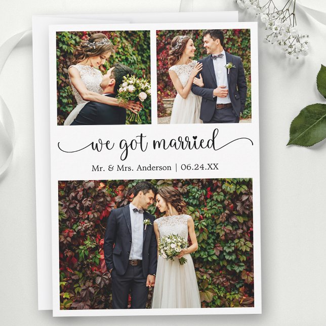 We Got Married Heart Calligraphy 3 Photos Wedding Announcement (Customize to change your personalized text size, text style or to add text to back of card.)