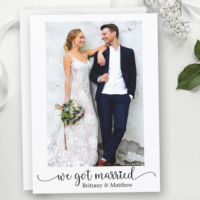 We Got Married Heart Calligraphy Photo Wedding Announcement (Customize to change your personalized text size, text style or to add text to back of card.)