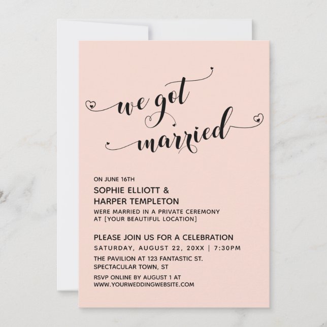 We Got Married Hearts Script Blush Reception Invitation (Front)