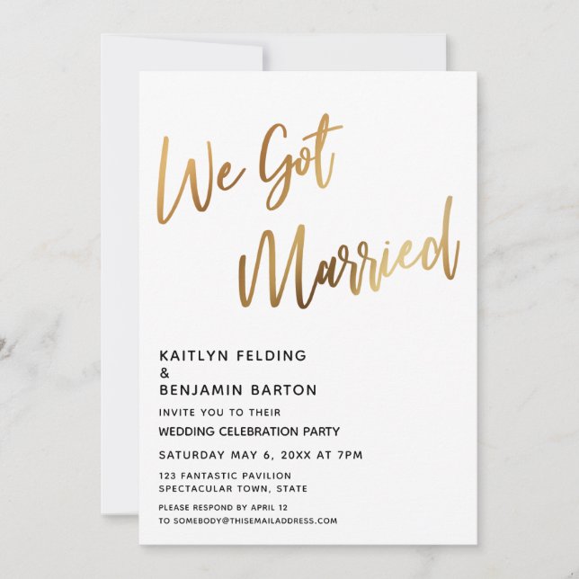 We Got Married Minimal Gold Calligraphy Reception Invitation (Front)