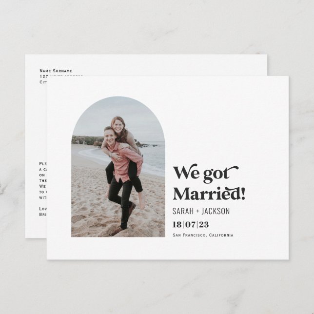 We got married, Modern Arch Simple Photo elopement Announcement Postcard (Front/Back)
