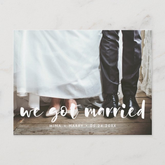We got married modern script photo postcard (Front)
