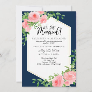 We Got Married Navy Blue Pink Floral Wedding Invitation