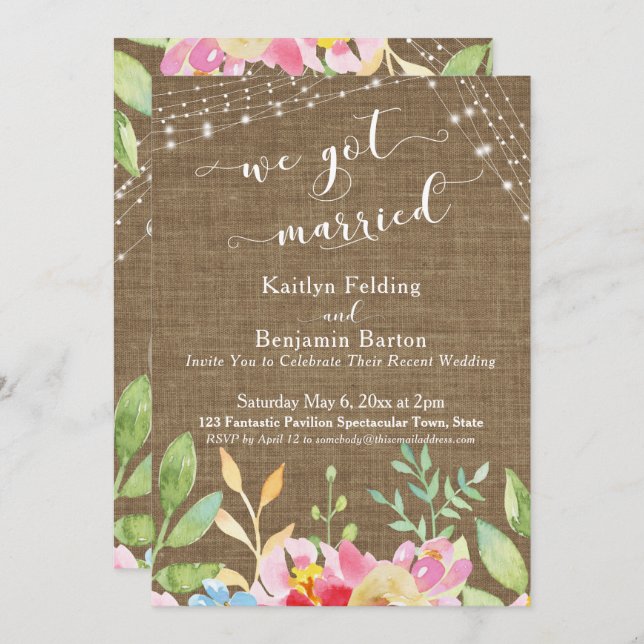 We Got Married on Burlap w/ Flowers & Lights Invitation (Front/Back)