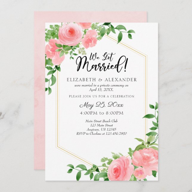 We Got Married Pink Floral Wedding Elopement Invitation (Front/Back)