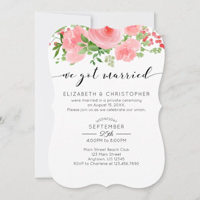 We Got Married Pink Floral Wedding Elopement Invitation (Front)