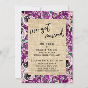 We Got Married Pink Painted Floral Burlap Party Invitation