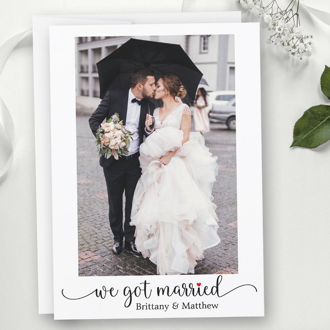 We Got Married Red Heart Calligraphy Photo Wedding Announcement (Customize to change your personalized text size, text style or to add text to back of card.)