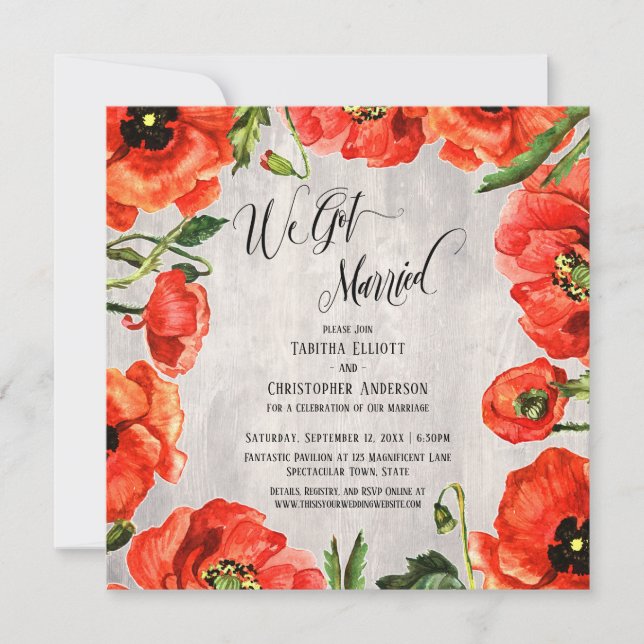 We Got Married Red Poppies on Wood Reception-Only Invitation (Front)