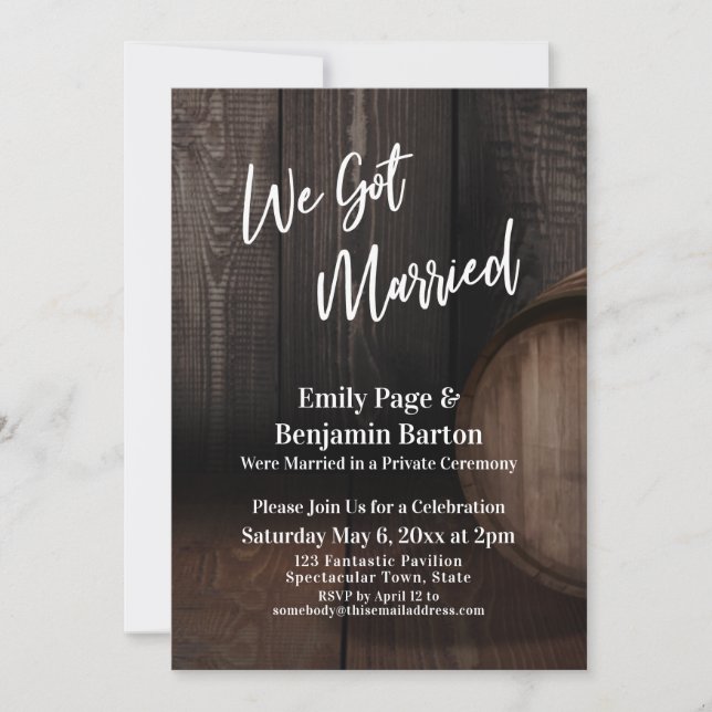 We Got Married Rustic Brown Wooden Barrel Invitation (Front)