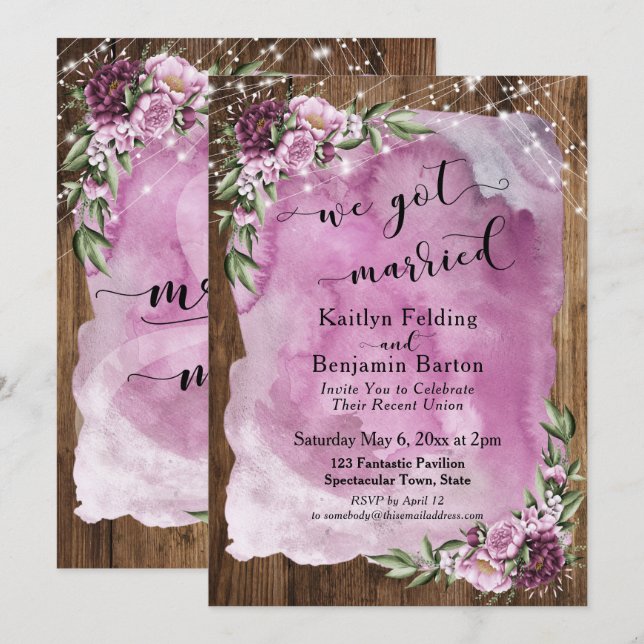 We Got Married Rustic Watercolor Floral & Lights Invitation (Front/Back)