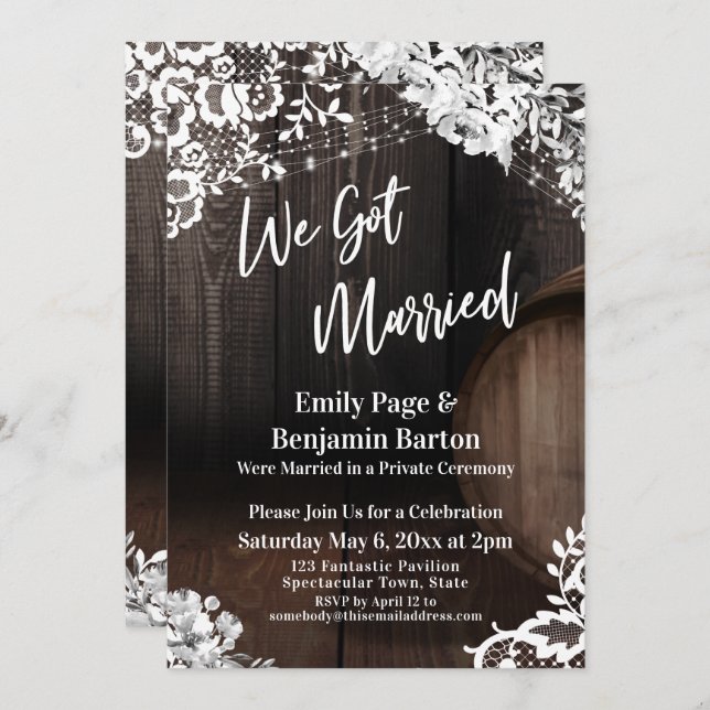 We Got Married Rustic Wood Barrel Lights Flowers Invitation (Front/Back)