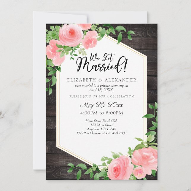 We Got Married Rustic Wood Pink Floral Wedding Invitation (Front)